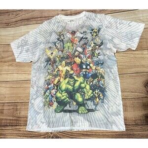 Marvel Universal Studios All Over Print Superheroes T-shirt Size Large L Stain